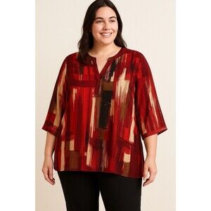 Catherines Women’s 1X Abstract Brushstroke Print Tunic Top Red Brown 3/4 Sleeve